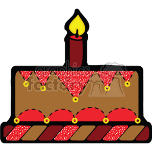 This clipart image features a stylized, decorated birthday cake with one lit candle on top.