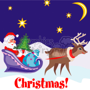 The clipart image features a festive Christmas scene with Santa Claus in his sled carrying a Christmas tree and gifts. A reindeer is in front of the sled, likely pulling Santa through the snow-covered landscape. The night sky in the background is filled with stars and a crescent moon, adding to the holiday spirit of the scene. A bold text Christmas! is displayed at the bottom, emphasizing the seasonal theme.