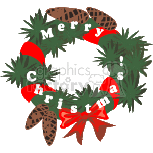 This clipart image features a festive Christmas wreath adorned with pinecones and a large red bow. The wreath is also decorated with the words Merry Christmas written across it, emphasizing the holiday greetings.