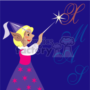 The clipart image depicts a cartoon Christmas elf holding a wand. The elf is smiling and appears to be using the wand to create a sparkling effect or maybe casting a magic spell, as indicated by the starburst at the end of the wand. The elf is wearing a pink and purple dress adorned with star shapes and a traditional elf hat.