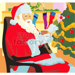 This image is a cheerful clipart depicting Santa Claus sitting comfortably in a chair holding a drink. He is next to a decorated Christmas tree with red ornaments. Above the fireplace mantel, there are Christmas stockings hung with care.
