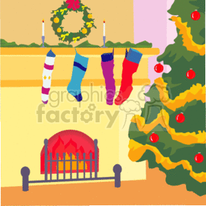 The image is a colorful clipart representation of a cozy Christmas scene. It features a fireplace with a bright, warm fire and a mantel above it, adorned with three Christmas stockings of various colors and patterns. There are also candles on the mantel, and a traditional wreath hangs above it. To the right, there is a decorated Christmas tree with red ornaments. The overall atmosphere is festive and evokes the holiday spirit.
