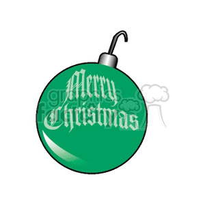 A green Christmas ornament with 'Merry Christmas' written on it.