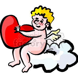  This clipart image features a whimsical representation of an angel or cherub with curly yellow hair and rosy cheeks. The cherub is sitting on a cloud and holding a big red heart, which is often associated with love and Valentine
