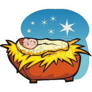 Illustration of baby Jesus sleeping in a manger surrounded by stars, representing the nativity scene.