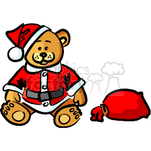 The clipart image displays a teddy bear dressed in a Santa Claus costume, complete with a red hat and suit with a white trim. Beside the teddy bear is a brown sack or bag, which is often associated with Santa Claus carrying presents. The bear and bag give a festive holiday vibe, suitable for Christmas-themed materials.