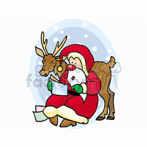 Santa Claus reading letters with a reindeer by his side, set against a snowy background.