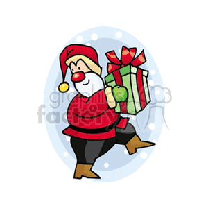 Cartoon Santa Claus carrying a large gift with a red and green ribbon in a snowy background.