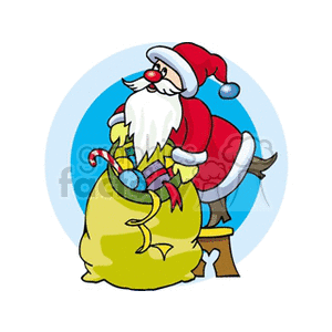 Santa Claus with a sack full of gifts, including a candy cane, against a blue background.