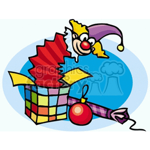 A colorful jack-in-the-box with a clown popping out, next to a red Christmas ornament and a festive cracker.