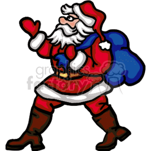 The clipart image features Santa Claus. He is depicted with a full white beard, wearing his traditional red suit with white fur trim, a matching red hat, and brown boots. Santa is carrying a blue bag, likely filled with gifts, over his shoulder and is waving with his other hand.