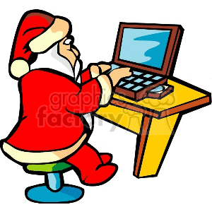 Santa Claus using a computer at a desk, representing a digital Christmas theme.