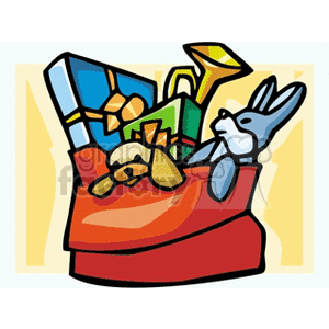 A festive Christmas clipart image featuring a red sack filled with colorful gifts, including a present box, toy trumpet, plush bunny, and stuffed animal.