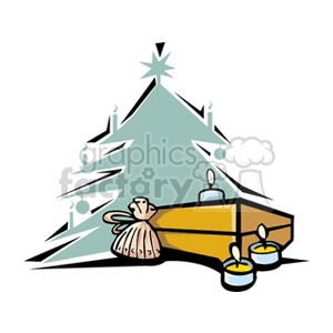 Clipart of a Christmas tree with a gift bag, a present, and candles.