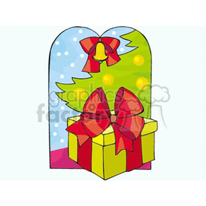 A festive Christmas clipart featuring a holiday gift with a red bow and a decorated Christmas tree in the background.