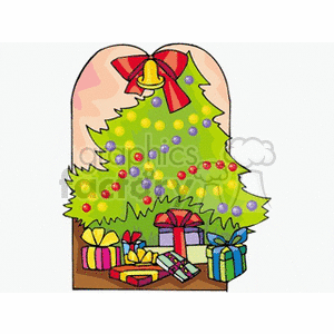 Clipart of a decorated Christmas tree with a red bow and colorful ornaments, surrounded by wrapped presents in various colors.