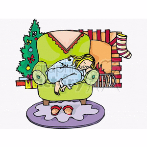 A young girl sleeping in an armchair next to a Christmas tree and a fireplace with a stocking hung beside it.