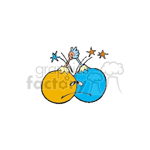 Clipart of two cartoon Christmas bulbs, one yellow and one blue, with faces expressing displeasure, colliding together.