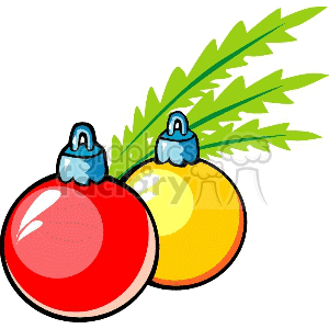 Clipart image of two Christmas bulbs, one red and one yellow, with green pine leaves.