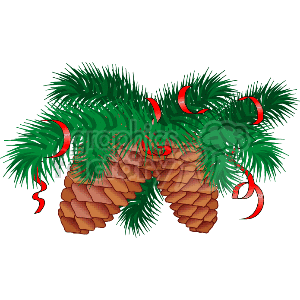 The clipart image shows a festive Christmas arrangement featuring pine branches with three brown pinecones and red ribbon accents. The pine branches are lush and green, symbolizing the evergreen nature of these plants, which are commonly associated with the holiday season. The red ribbons are curled, adding a touch of decoration that is often seen in Christmas wreaths and other holiday decorations.