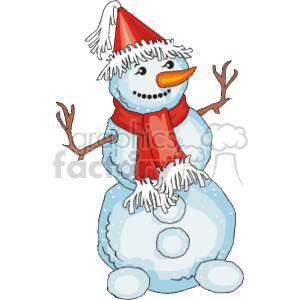   The image is a clipart of a cheerful snowman. The snowman has a big smile, a carrot nose, and is adorned with a red scarf and a red and white striped hat, suggesting it
