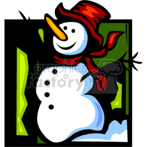   Happy Snowman with a Carrot Nose and a Red Hat and Scarf 