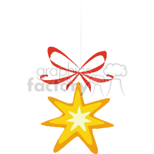 The clipart image depicts a gold star-shaped Christmas decoration with a red ribbon forming a bow at the top. The star has a layered design, suggesting depth, with a lighter colored star layered on top of a darker one, creating a dynamic look. It is hanging from a string suggesting that it is meant to be used as a hanging ornament.