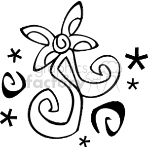 The clipart image shows a stylized illustration of a Christmas-themed object that resembles a flower or star with ribbons or streamers, often indicative of a festive ornament or decoration. The design is simple, using outlines to create a bold and graphic representation, which could be interpreted as a Christmas star or a bow with a floral element. Stars and swirls surround the central figure, adding to the holiday motif.