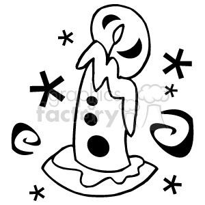 This clipart image depicts a stylized line drawing of a melting candle on a small dish or holder with decorative elements around it that evoke winter, such as snowflakes and swirls, commonly associated with the Christmas or holiday season.