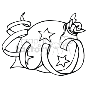 The image is a black and white line drawing of a Christmas bell gift bag with ribbons. It's a simple, stylized design typical of holiday-themed clipart.