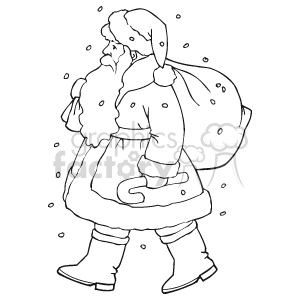 Black and White Santa Walking in the Snow With a Bag of Gifts