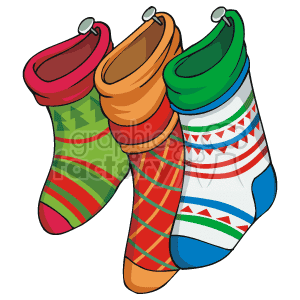 The clipart image depicts a set of four colorful Christmas stockings. Each stocking has a unique pattern, which includes stripes and festive motifs such as trees and geometric shapes. The stockings are hung in a manner suggesting they are waiting to be filled with holiday treats or gifts.