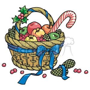 The clipart image depicts a wicker basket filled with various fruits like apples and grapes, and it is adorned with a candy cane and holly leaves to signify the Christmas theme. There is a blue ribbon tied to the basket, and scattered around are nuts and berries. 