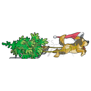   The image is a festive clipart depicting a dog wearing a Santa hat and pulling a sled. On the sled, there is a Christmas tree. The dog appears to be in motion, as if it