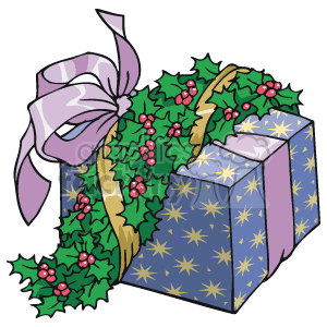 The clipart image features a Christmas gift box adorned with a purple ribbon tied into a bow. The box is further decorated with a garland of green holly leaves and red holly berries. The wrapping paper on the box is blue and patterned with yellow stars, adding a festive touch.