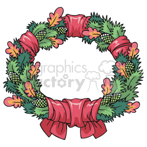 The image is a clipart illustration of a festive Christmas wreath adorned with a red ribbon, pine branches, and small red and yellow flowers. The wreath appears to be a traditional holiday decoration typically hung on doors or used as a decorative piece during the holiday season.