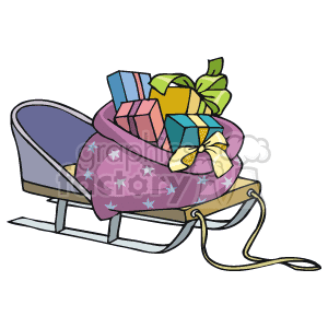 The clipart image features a classic winter holiday scene which includes a sled or sleigh filled with a bag that has overflowing gifts or presents. The presents are wrapped in different colors with ribbons and bows. The bag is colored purple with star patterns and appears to be in a festive theme suitable for the Christmas season.