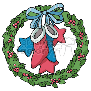 The clipart image features a festive Christmas wreath adorned with holly berries. In the center of the wreath hangs a pair of Christmas stockings, one blue and one red, both with white tops. A decorative bow with two loops and trailing ends is situated at the top of the wreath, adding a touch of elegance to the holiday decoration.