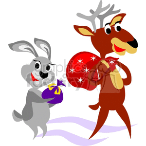 Illustration of a cheerful rabbit and reindeer carrying gift bags, symbolizing Christmas and holiday spirit.