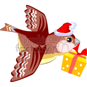 A festive bird wearing a Santa hat flying while carrying a yellow gift box with a red ribbon.