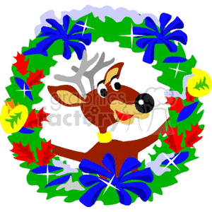 A festive clipart image featuring a cheerful reindeer with antlers in the center of a colorful Christmas wreath adorned with blue bows and holly leaves.