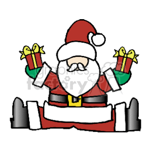 This clipart image features a cartoon representation of Santa Claus holding two wrapped Christmas gifts, one in each hand. Santa is depicted with his traditional red and white suit, a black belt with a yellow buckle, white gloves, and a red hat with a white trim and pom-pom. There are also two fence-like structures at his sides at the bottom.
