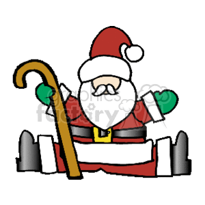 The clipart image features Santa Claus with a traditional outfit including a red suit with white cuffs and a black belt, green mittens, and a red hat with a white tip. He is holding a brown cane