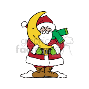   This clipart image depicts a whimsical representation of Santa Claus leaning against a crescent moon. Santa is shown wearing his classic red and white suit with a green scarf, black belt with a gold buckle, and brown boots. He is smiling contentedly and there