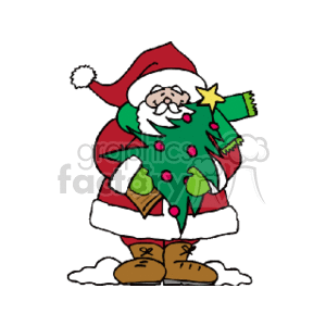 The clipart image depicts a whimsical interpretation of Santa Claus wearing his signature red hat and boots and a green scarf while holding onto a small Christmas tree