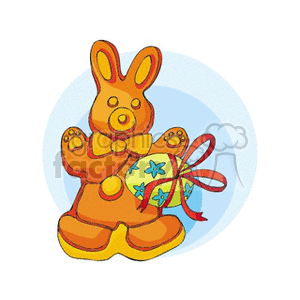 Clipart of a bunny cookie holding a decorated Easter egg with a red ribbon.