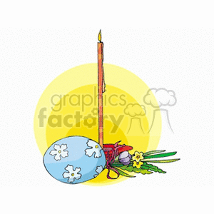 Clipart of a decorated Easter egg with flowers and a tall lit candle.