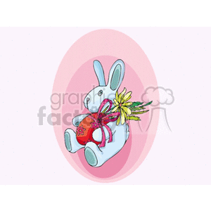 An Easter-themed clipart featuring a cartoon bunny holding a decorated egg with flowers and a ribbon.