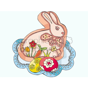 An Easter-themed clipart image featuring a bunny with a bow and decorated eggs.