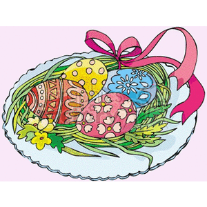 A clipart image featuring a decorative plate with ornate Easter eggs nestled in grass and adorned with a pink ribbon.